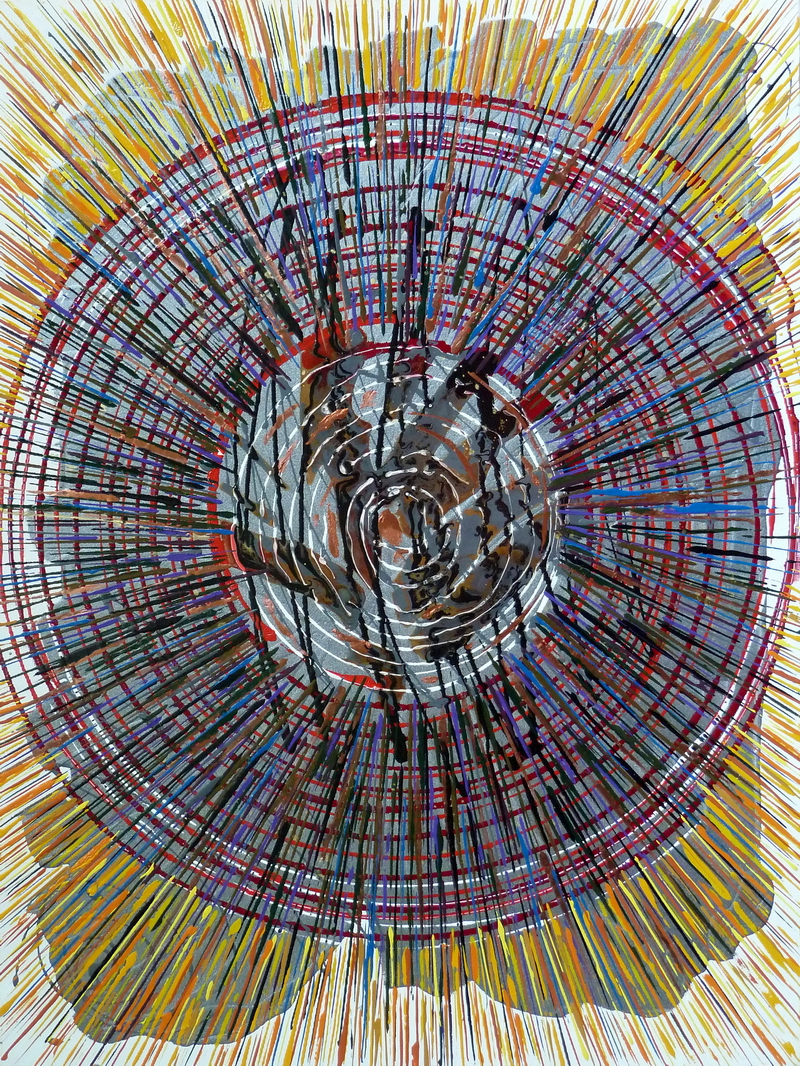 Smalti su tela astratti con nucleo radiale, griglie concentriche e colature, formato 60×80 cm.