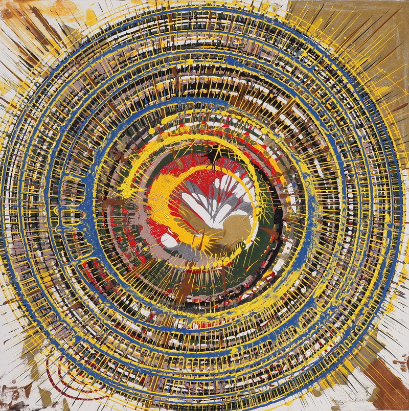 Opera "15" (2012) di Beppe Marchetti: smalti su tela, cerchi concentrici e colature gialle, blu e rosse