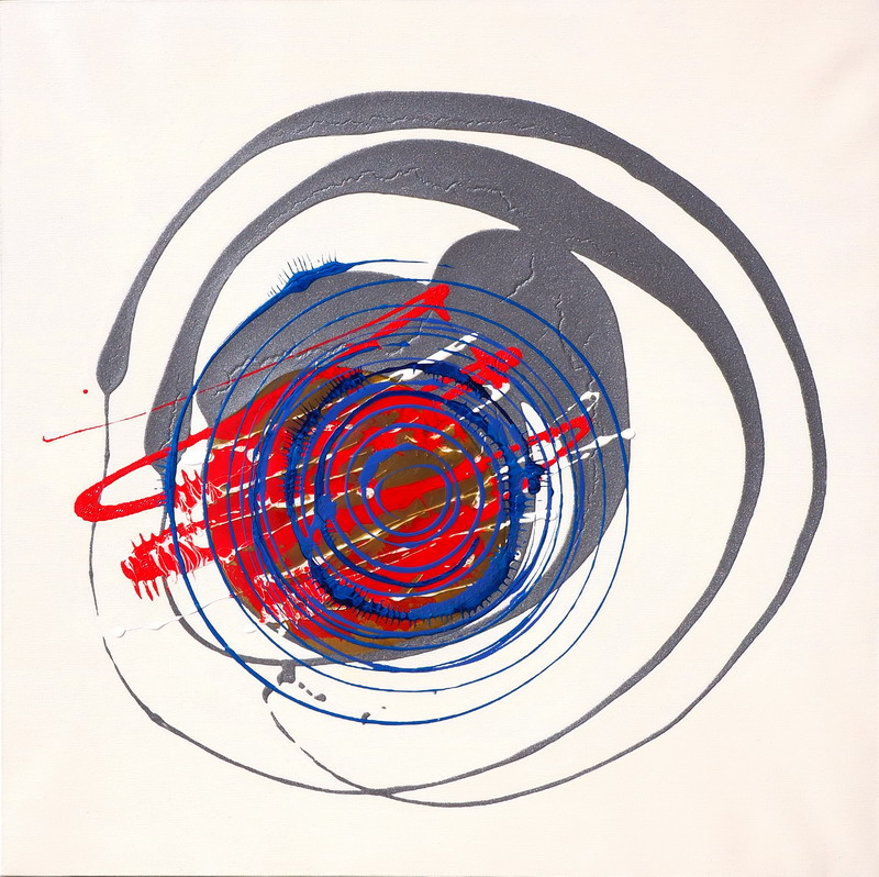 “Smalti su tela astratto con spirali blu e rosse, orbite argento e nucleo dorato; Beppe Marchetti, Op.16, 70×70 cm, 2012.”
