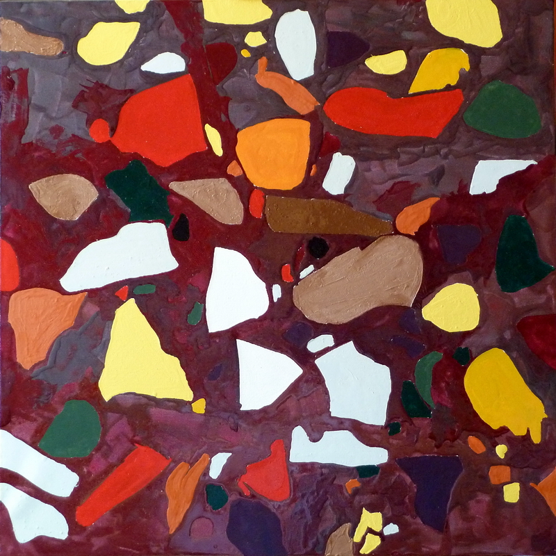 Smalti su tela 70×70 con campiture irregolari rosse, arancio, gialle, bianche e verdi su fondo denso: frammenti cromatici che suggeriscono una figura umana emergente.