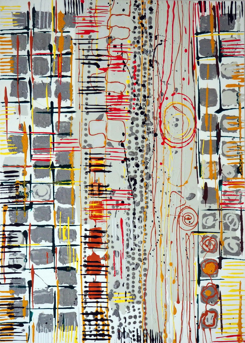 Composizione astratta formata da griglie modulari e sequenze di linee verticali; colature e puntini in rosso, giallo, nero e grigio su fondo chiaro.