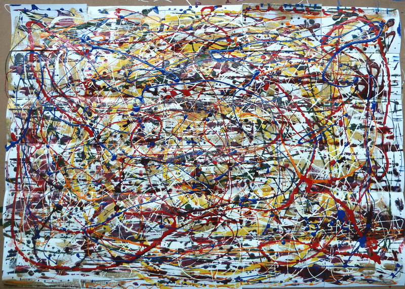 Smalti su tela con dripping gestuale e stratificazioni cromatiche; tela poi suddivisa in 30 telette per Pulcinoelefante.