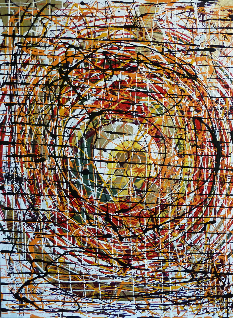 “Composizione astratta in smalti su tela: cerchi multipli e segni intrecciati che convergono verso un nucleo luminoso.”