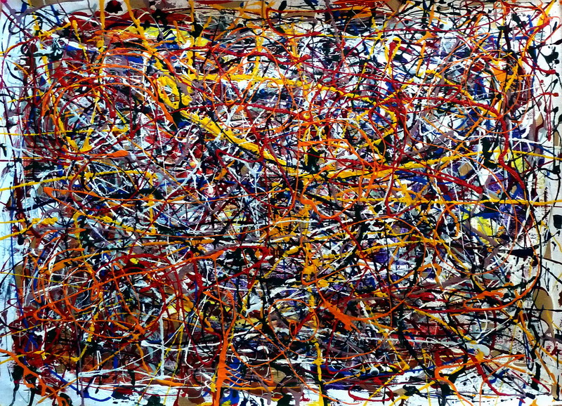 Campo astratto di smalti su tela di sacco, fitte colature e intrecci gestuali multicolori che evocano cicatrici luminose e rigenerazione.