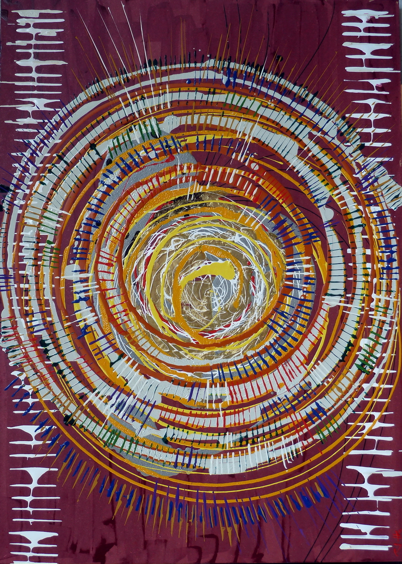 "Sinfonia di Colori in Oro" – Pittura contemporanea su tavola di masonite, caratterizzata da linee dinamiche e un uso sapiente del pigmento dorato.