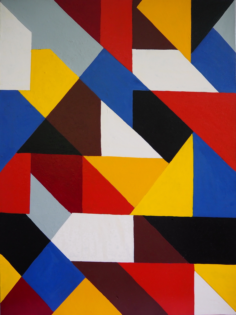 Composizione astratta in smalti su tela: triangoli e diagonali rosso, blu, giallo, bianco e nero in ritmo dinamico.