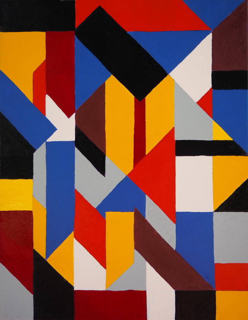 “Smalti su tela astratto geometrico con campiture rosse, gialle, blu, nere e grigie a incastri”