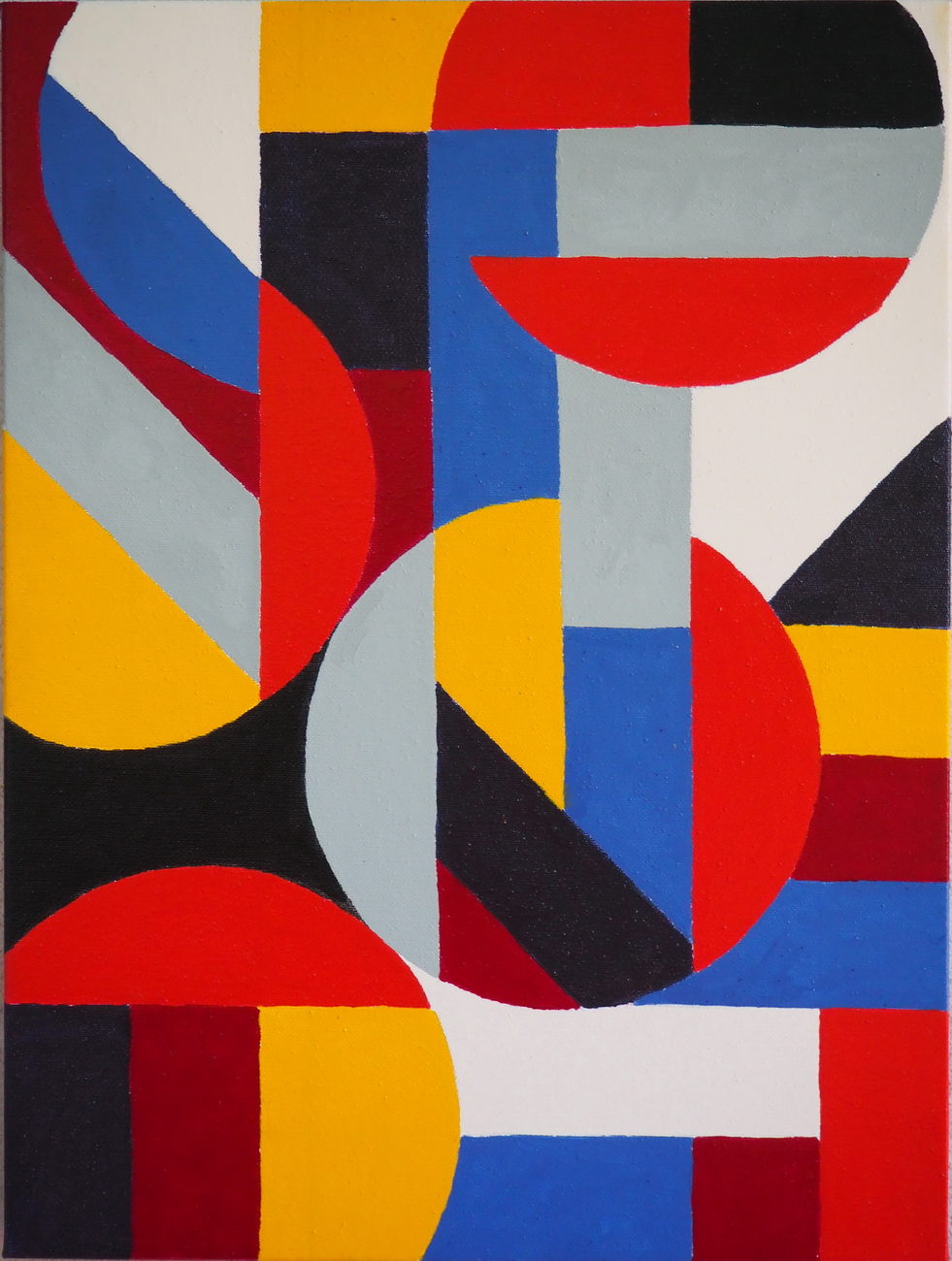 Opera astratta geometrica: intersezione di cerchi e rettangoli, palette rosso–giallo–blu con nero, grigio e bianco; smalti su tela, ritmo modulare.