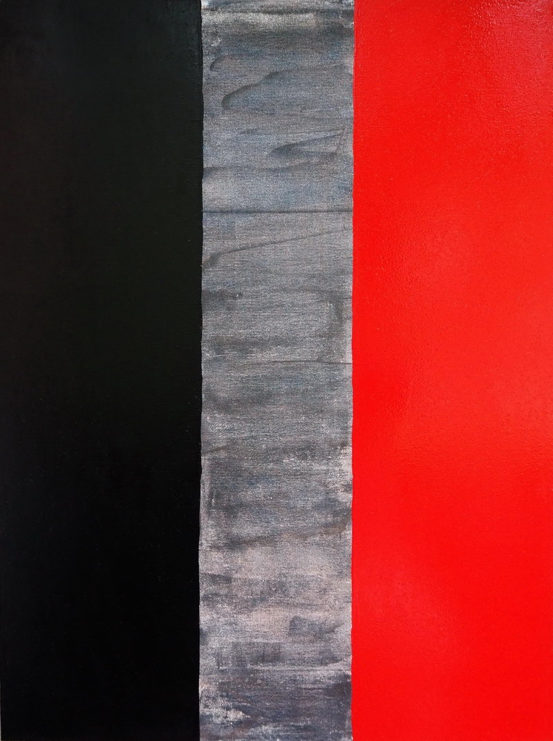 Smalti su tela con tre bande verticali: nero a sinistra, grigio centrale materico, rosso a destra.