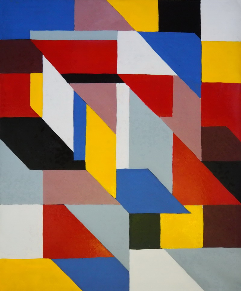 “Smalti su tela: composizione astratta geometrica con campiture rosso, giallo, blu, nero, bianco e grigio.”